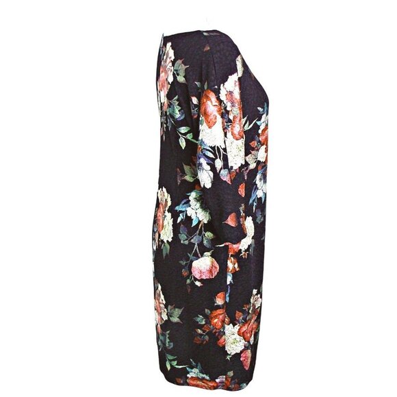 Robbie Bee Foil Floral Wrap Midi Dress Hits At Knee Black Red Teal Size PM NWT - Picture 3 of 12